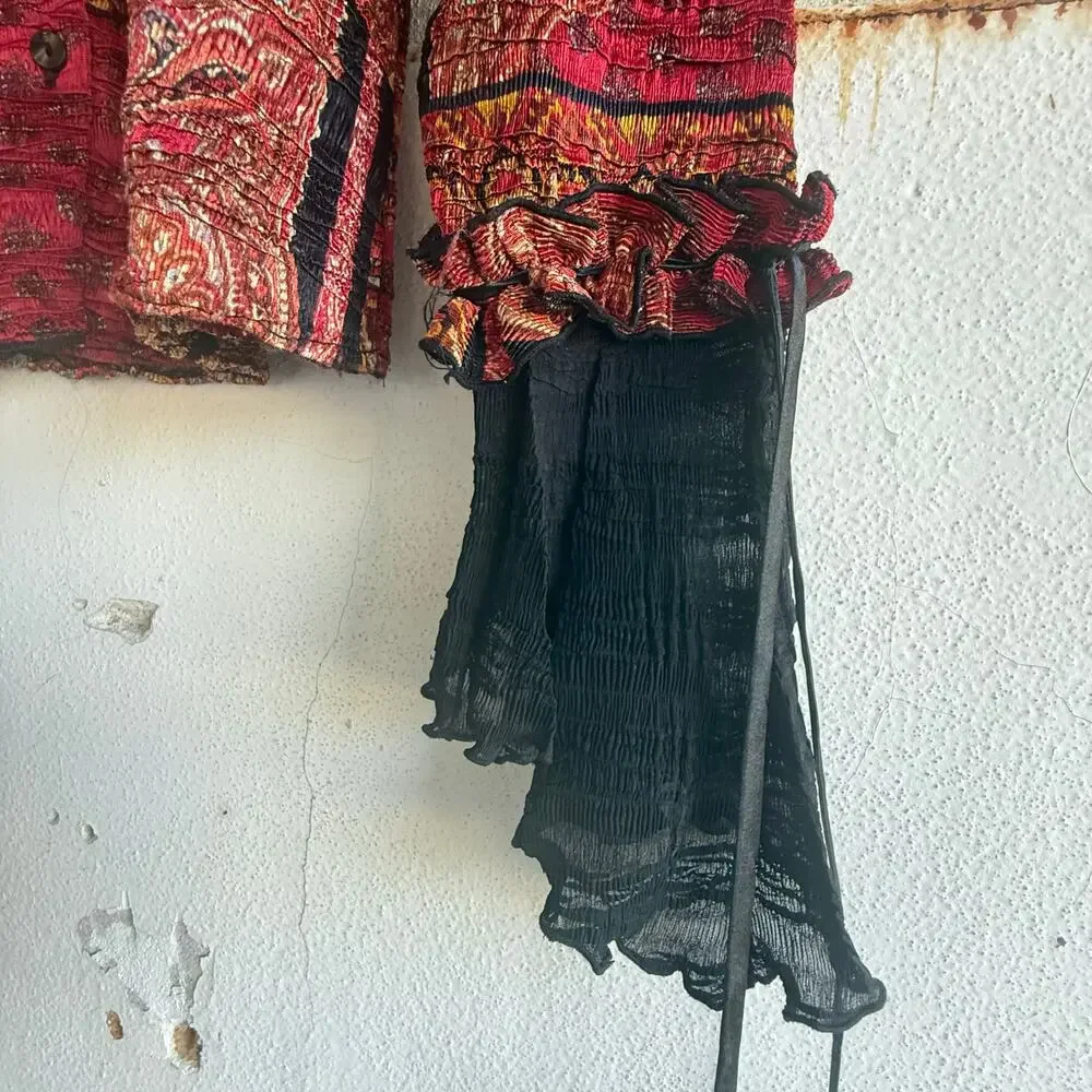 Vintage Ruffle Blouse Patchwork Crinkle Chiffon‎ Ornate Baroque Glam Maximalist - Picture 3 of 6